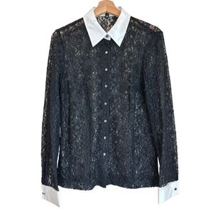 Ann Taylor Black Floral Lace goth cufflink Button Size 6 Shirt Tuxedo Coquette